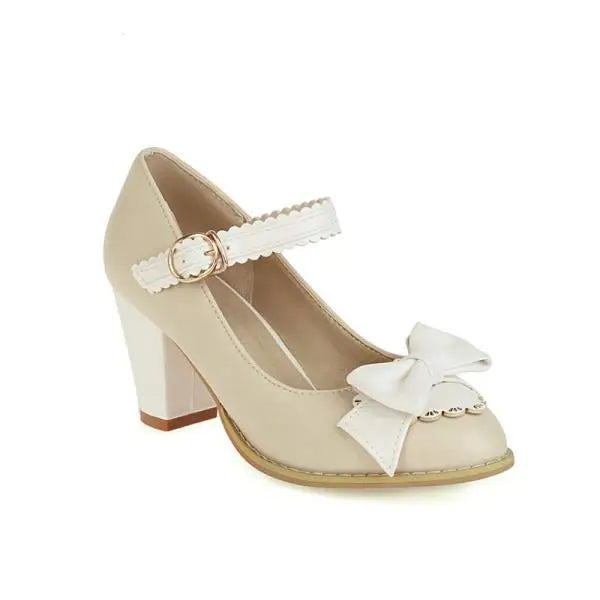Cyflymder  Block Heels For Women Pumps Basketball Platform Bow Shoes Sandals Ladies Shallow Mouth Sweet Round Toe Chunky African Big Beige