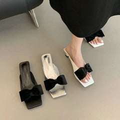Cyflymder  Summer Women'S Fashion Bowknot Square Toes Slippers Open Toe Comfort Sandals Slippers Casual High Heels Slipper 3344