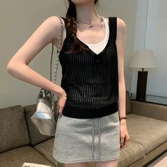 Cyflymder  Summer Elegant Design Loose Knitted Vest Women's Thin Button up Top Outerwear Short Shirt Casual Fashion Minimalist Style
