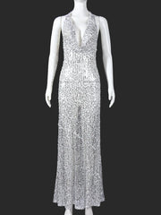 Cyflymder  New Sexy Backless Halter Maxi Dress for Women Fashion See Through Sleeveless Sequin Bodycon Long Evening Party Night Dress
