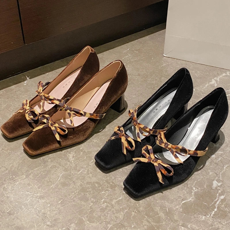 Cyflymder  Luxury Velvet Square Toe High Heeled Women Pumps Leopard Bowknot Chunky Heel Mary Jane Shoes Ladies Elegant Wedding Bridal Heels