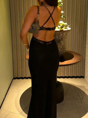 Cyflymder  Black Lace Mesh Maxi Dress for Women Sexy Metal Circle Cut Out Deep V Neck Sleeveless Criss Cross Back Bodycon Party Dress