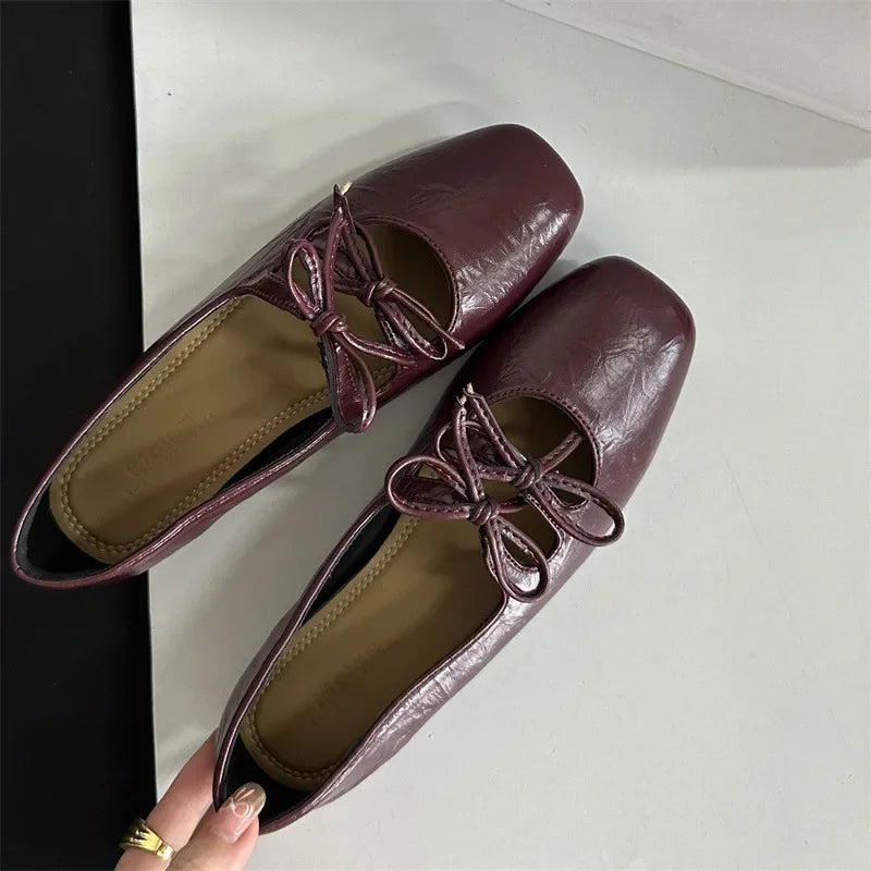 Cyflymder  Korean Style Flat Bottom Butterfly Knot Single Shoes Women's Silver Mary Janes Low Heel Square Toe Synthetic Inner Slip-On Shoes