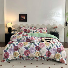 Cyflymder  100% Cotton Flowers Print Luxury Bedding Set Single Double Queen King Size Duvet Cover Flat/Fitted Bed Sheet Pillowcases 3/4Pcs