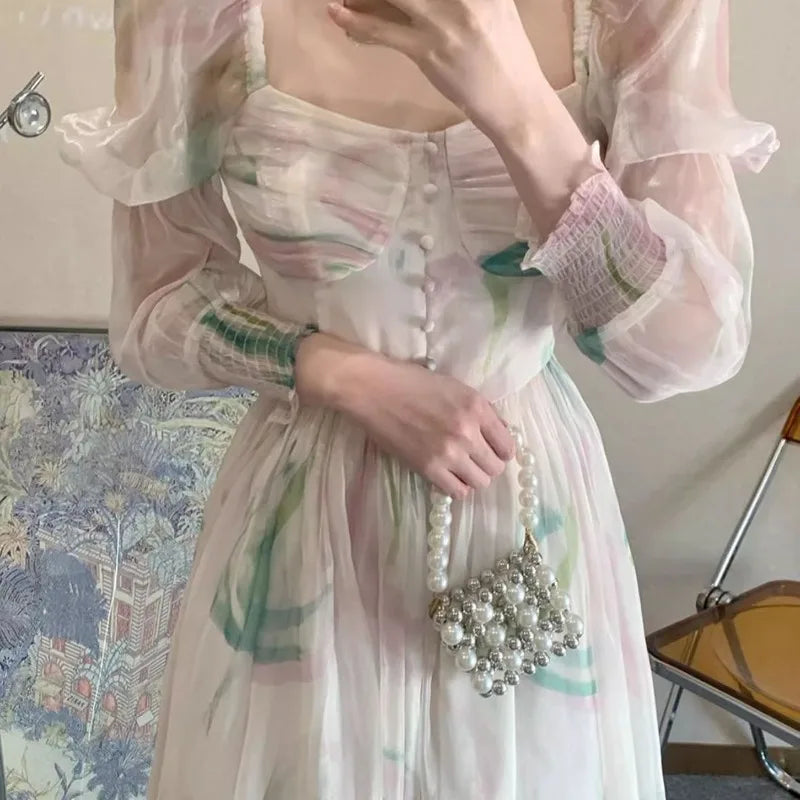 Cyflymder  Dresses Women Floral Printed Square Collar Puff Long Sleeve French Style Chic Temperament Elegant Dress Female Fashion
