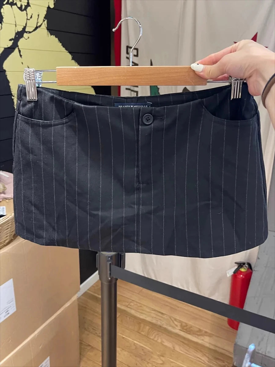 Cyflymder  Striped Low Rise Mini Skirts Women Summer Pockets Straight Streetwear Casual Slim Short Falda Female Sweet Chic Vintage Skirt