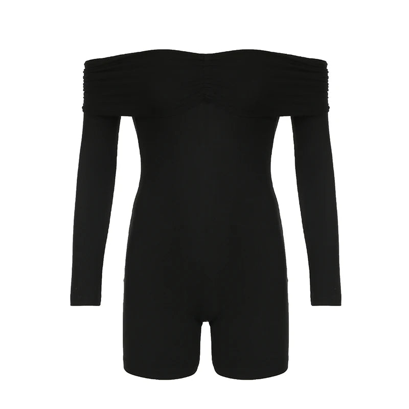 Cyflymder  Casual Off The Shoulder Solid Slimming Playsuits Women Sporty Long Sleeve One Piece Clothes Street Style Short Rompers