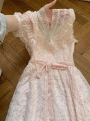 Cyflymder  Sweet Girly Lace Spliced Short-sleeved Dresses Women Summer Elegant V-neck Waist Slim Floral Midi Dress Korea Chic Party Outfits