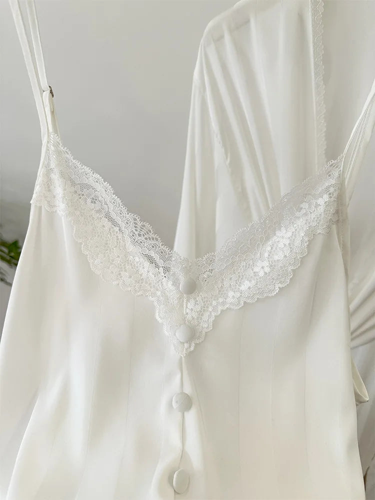 Cyflymder  Sexy Lace Trim Women Pajama Set 3PCS Faux Silk Robe Sleeveless Top Long Pant HomeWear Spring Summer Nightwear Elegant Loungewear