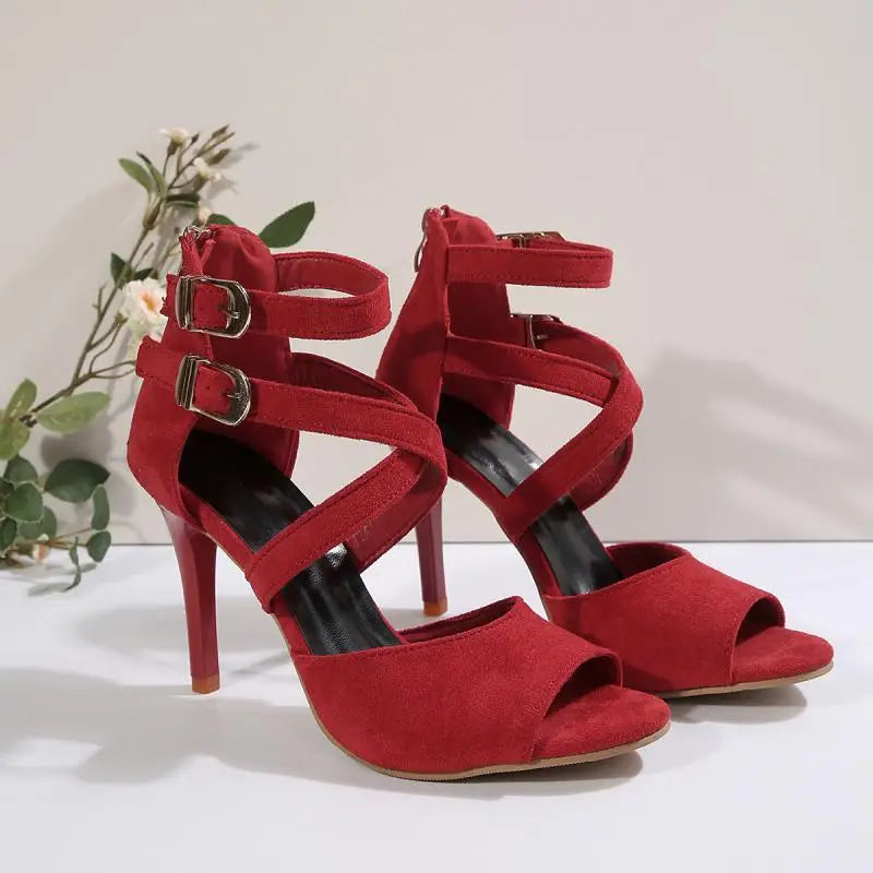 Cyflymder  Sexy Red Suede Cross Strap Peep Toe Sandals Women Summer Super High Heels Sandals Gold Ankle Strap Party Dress Jazz Shoes