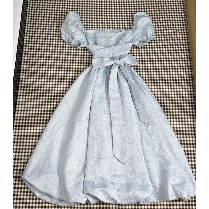 Cyflymder  Women Dresses Puff Short Sleeve Square Collar Summer Fashion Bandage Bow French Style Elegant Dress Ladies Party