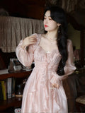 Cyflymder Autumn Vintage Party Midi Dress Women Pink Fairy Korean Style Sweet Dress Female Bubble Sleeve Elegant Evening Party Dress