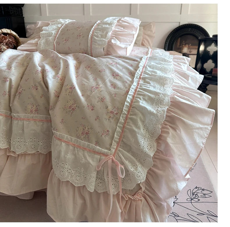 Cyflymder  Pink Floral Double Layer Lace Ruffles 100% Cotton Bedding Set Duvet Cover Set Bed Sheet/Bed Skirt/Fitted Sheet Pillowcases 4Pcs