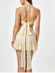 Cyflymder  Women's Halter Backless Cut Out Mini Dress Lace Up Ruffle Sexy Fashion Casual Party Cami Short Dresses Beige Summer