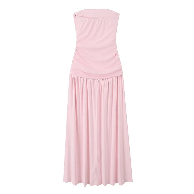 Cyflymder  Elegant Ruched Strapless Dress Women Sexy Pastel Pink Off Shoulder Side Zipper Midi Dress 2025 New Summer Party Evening Dresses