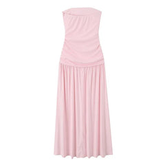 Cyflymder  Elegant Ruched Strapless Dress Women Sexy Pastel Pink Off Shoulder Side Zipper Midi Dress 2025 New Summer Party Evening Dresses