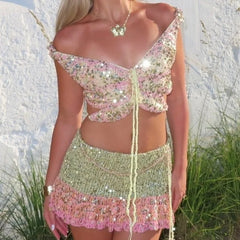 Cyflymder  Women Y2k Crochet Knitted Sequin Butterfly Crop Tops Off Shoulder Halter Deep V Neck Tie Front Backless Lace Up Tank Tops