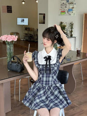 Cyflymder  Sweet Hot Girl College Style Slim Fit Fluffy Dress for Women Summer Retro Plaid Fake Two-piece Dress Fashion Female Clothes