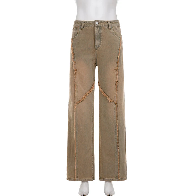 Cyflymder  Vintage Frayed-edge Loose Jeans Women Casual Stragiht Denim Pants Y2K High Street Leg Trousers Harajuku Clothes Aesthet