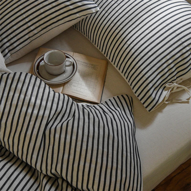 Cyflymder  Linen Cotton Simple Stripes Jacquard Nordic Style Bedding Set Single Double Queen King Duvet Cover Flat/Fitted Sheet Pillowcase