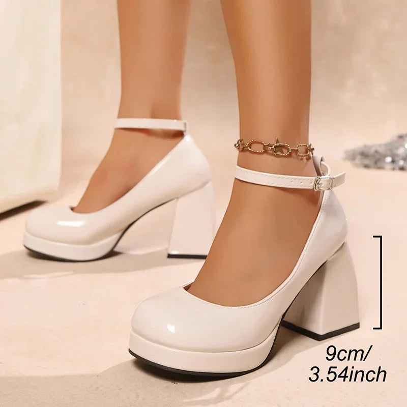 Cyflymder  Women's High Heels Platform Pumps Patent Leather Chunky Heeled Lolita Shoes Woman Plus Size Fashion Ankle Strap Mary Jane Pumps