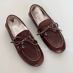 Cyflymder   Women's Loafers Autumn and Winter New Bow Shallow Mouth Sailing Shoes Women's Casual Retro Brown Lace-up Loafers Flat Shoes