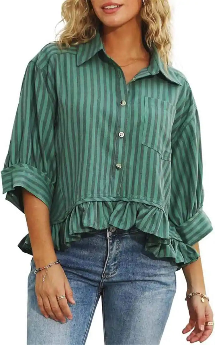 Cyflymder  Casual Stripe irt Women's Summer Top Button down ort Sve Gathered Hem Bubble Sve Polyester Fiber Commute Sleeve