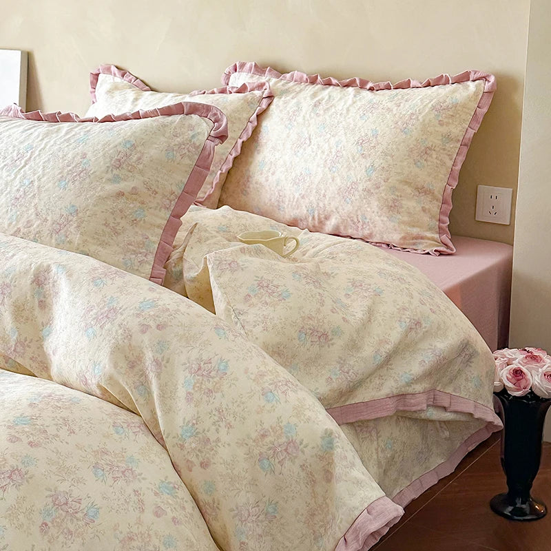 Cyflymder  Korean Princess Floral Ruffles 100% Cotton Double Layer Yarn Soft Bedding Set Single Queen King Duvet Cover Bed Sheet Pillowcase