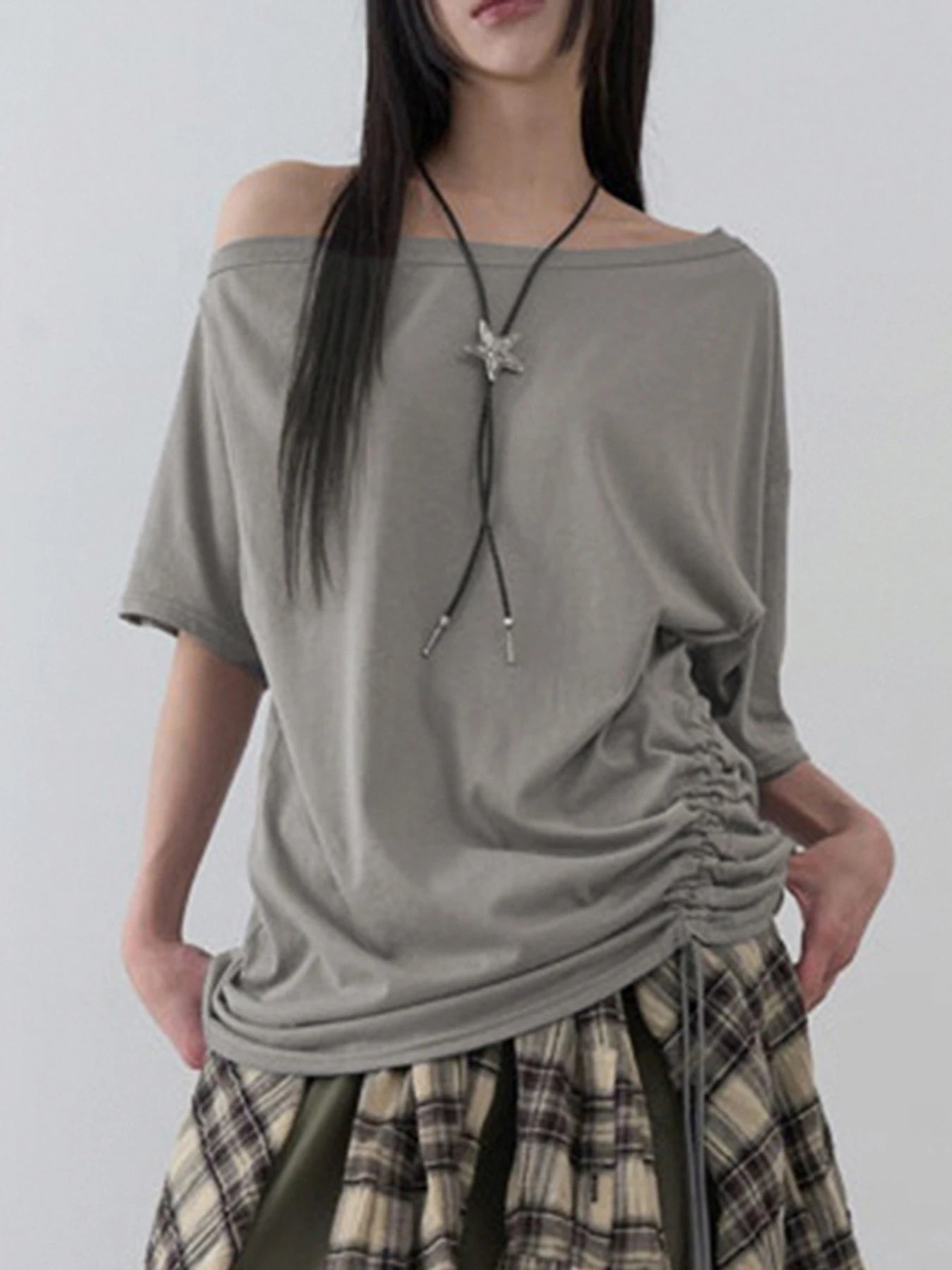 Cyflymder  Solid Grey Loose Drawstring T-shirt Asymmetrical Off-shoulder Short Sleeve T Shirts Women Casual Summer Tees y2k Vintage