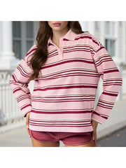 Cyflymder  Women s Long Sleeve Striped T-shirt with Turn-down Collar Loose Fit Casual Top for Fall Streetwear Fashion
