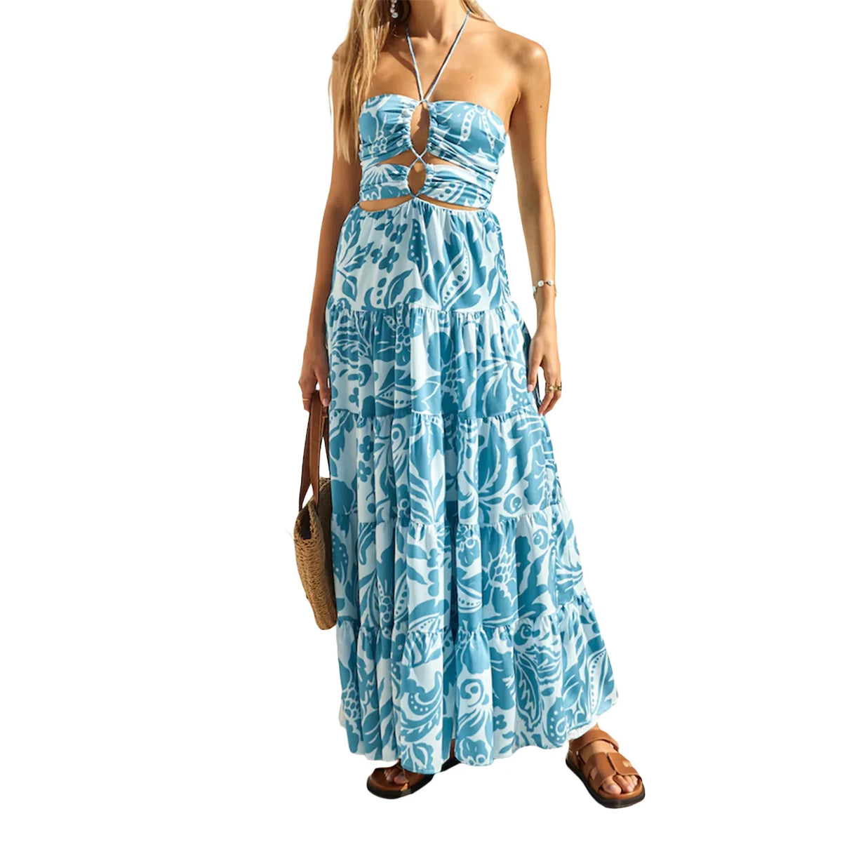 Cyflymder  Elegant Floral Print Sleeveless Halter Neck Maxi Dress with Open Back and Hollow Out Detail for Summer Events and Parties