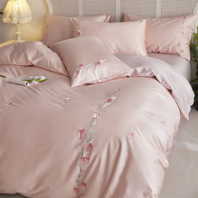 Cyflymder  Long-staple Cotton Floral Blossom Embroidery Comfortable Ultra Soft (1Duvet Cover+1Flat Bedsheet/Fitted Bedsheet+ 2Pillowcases)