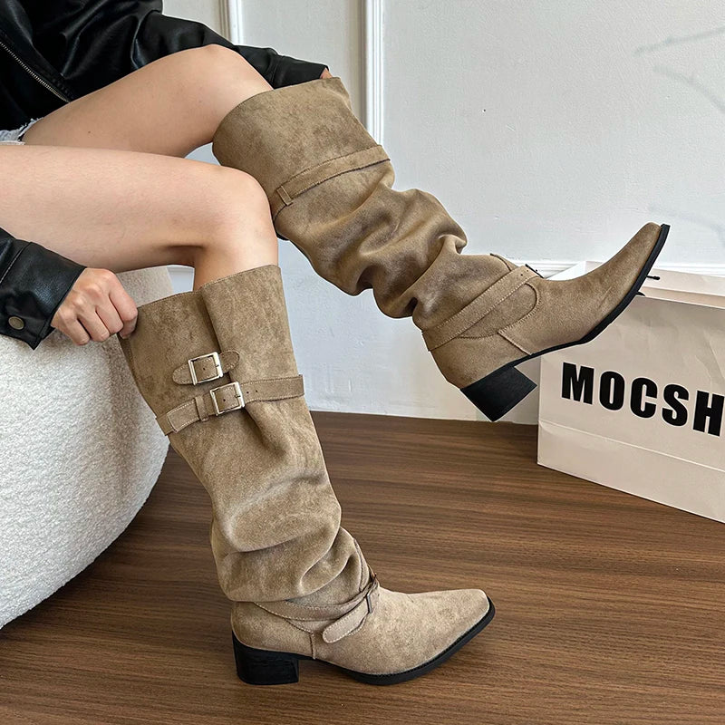 Cyflymder  Autumn Winter Pleated Women Knee High Boots Vintage Square Low Heels Shoes Female Belt Buckle Long Booties