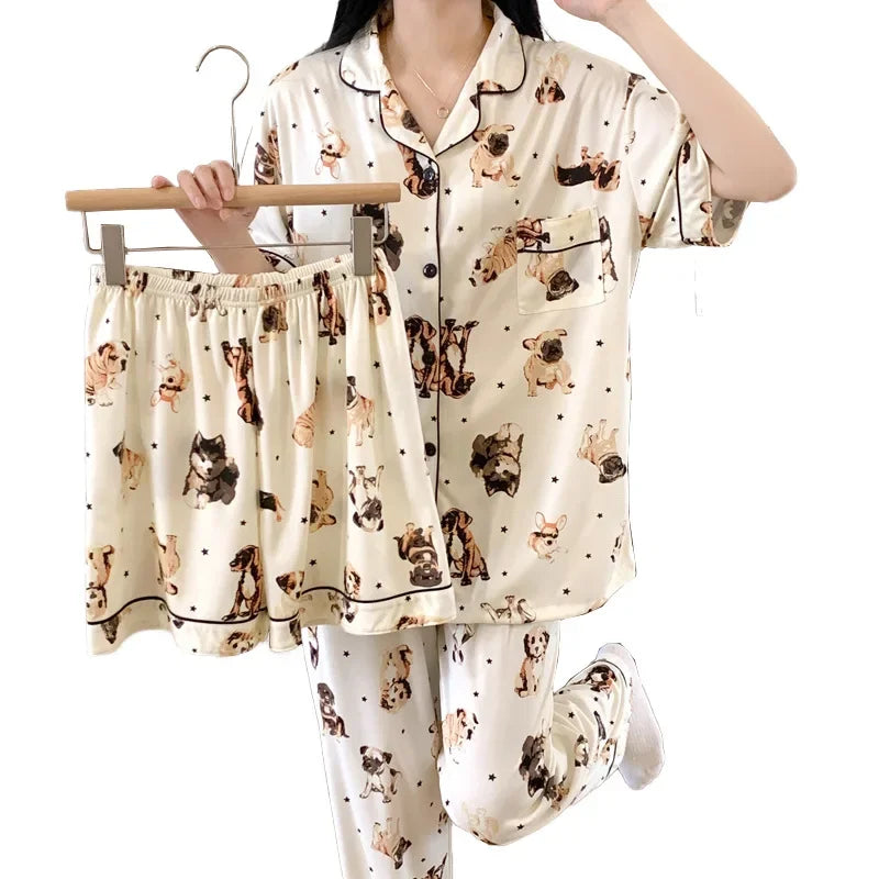 Cyflymder  Japanese Style INS Cute Dog Pyjamas Women's Short Sleeve Spring Summer Season Net Red Popular Homewear Three-piece Set
