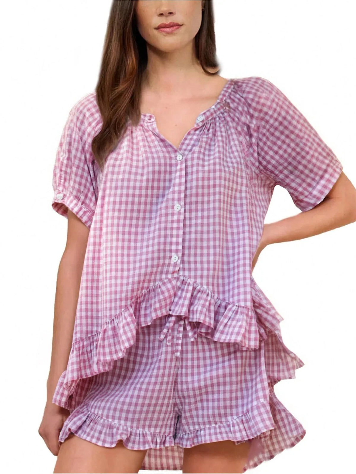 Cyflymder  Summer Women's Clothing Matching Sets Casual Plaid Two Piece Set Short Sleeve Ruffled Top And Pants Polyester Acrylic Fabric