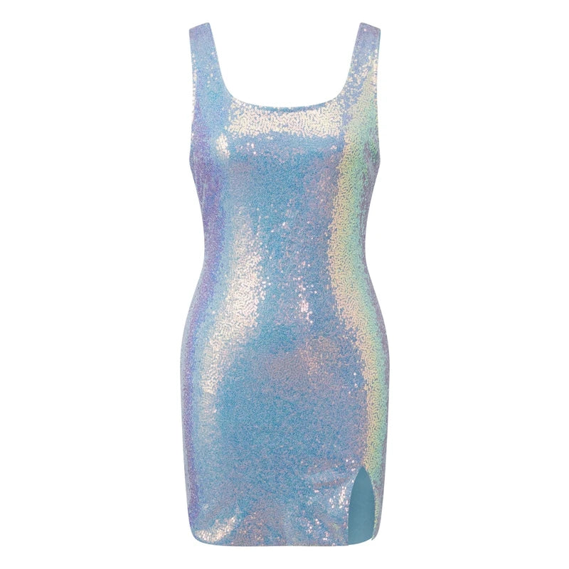 Cyflymder  Women's Sequin Square Neck Bodycon Mini Dress Y2K Side Slit Sparkly Cocktail Party Short Dresses Evening Gown Wear