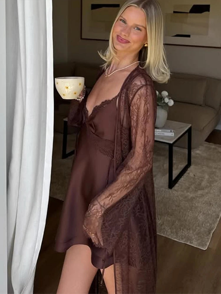 Cyflymder  Sexy Lace Coat Slip Dress Set Women Solid See Through Long Blouse Sleeveless Backless Short Dresses 2025 Fashion Summer Fall Set