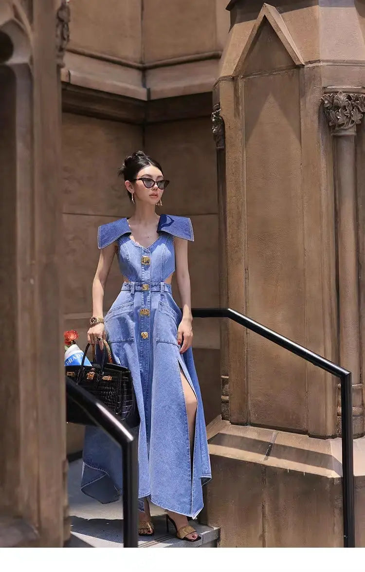 Cyflymder  Trendy Fashion Women's Metal Buckle Waist Hollow Out Denim Dress Spring Lapel Sleeveless Split Dresses Female