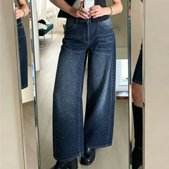 Cyflymder  Y2K Rhinestone Jeans High-Waisted Ombre Gradient Wide Leg Denim Pants with Sashes All-Over Sparkle Detail Trouser 90s Streetwear