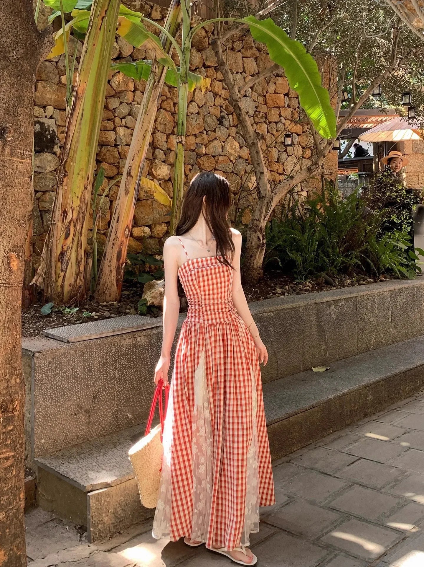 Cyflymder  Korean Style Blue Plaid Lace Halter Dress Women Summer 2025 Sweet Beach Vacation Maxi Skirt Long Dress One Shoulder Sleeveless