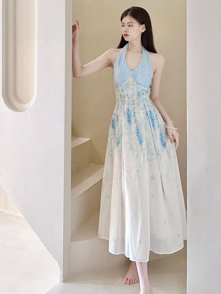 Cyflymder  Floral Sexy Halter Beach Dress Women Elegant Slim Sweet Sleeveless Vintage Long Dress Casual Retro Mesh Patchwork Vestidos