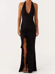 Cyflymder  Elegant Sleeveless Maxi Dress with Flattering Ruched Detail and Chic V-Neckline for Women s Evening Party Wear