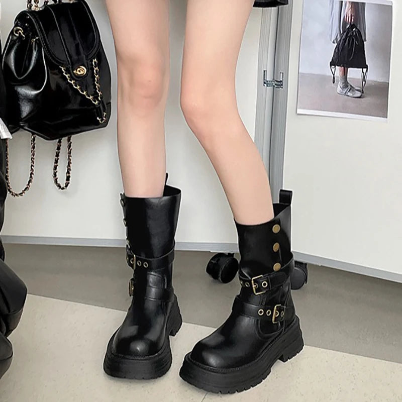 Cyflymder  Vintage Height Increase  Women Knight Boots Square Heels Goth Mid Calf Booties Buckle Strap Casual Shoes