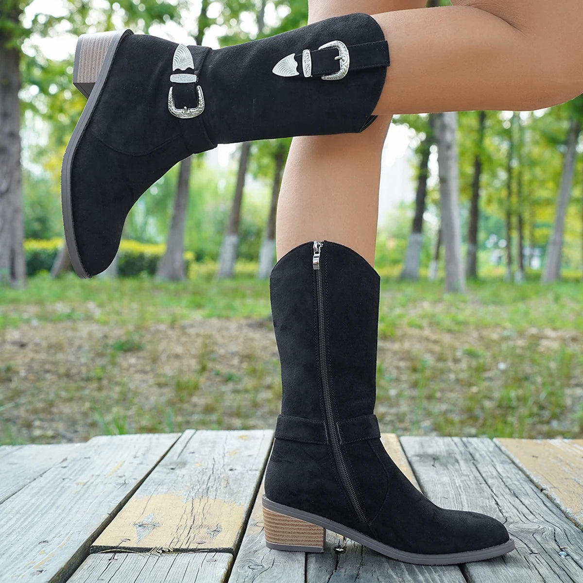 Cyflymder  Sharp pointed frosted cloth mid length boots, bimetallic buckle decorative side zipper knee length boots, plus size women's shoe