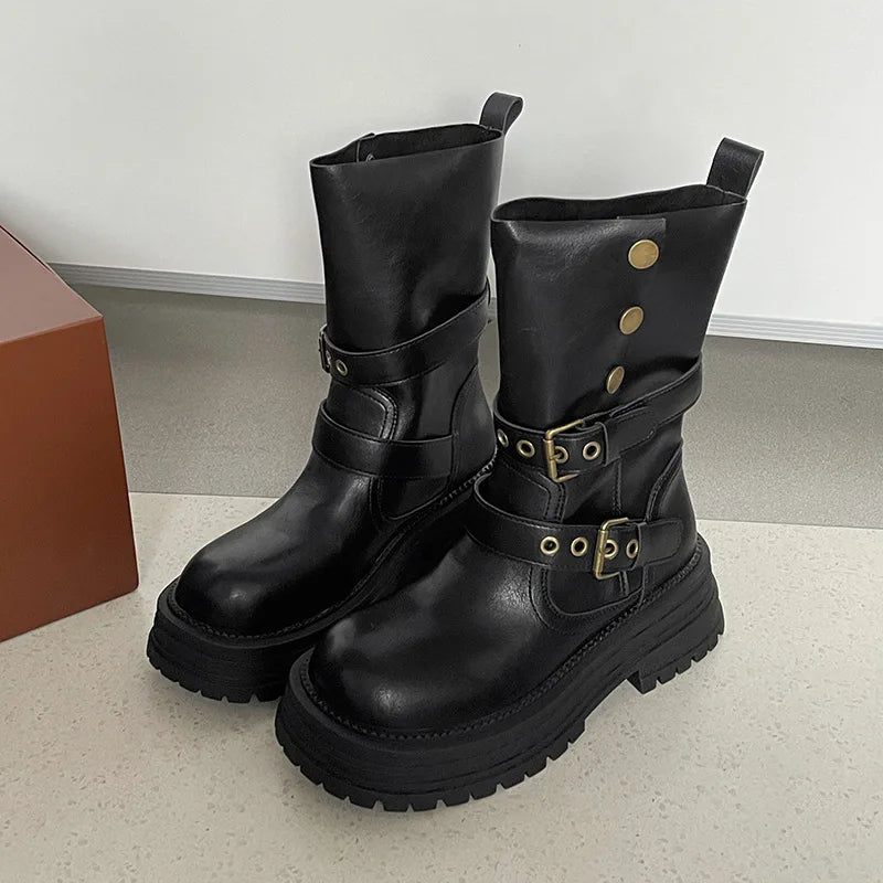 Cyflymder  Vintage Height Increase  Women Knight Boots Square Heels Goth Mid Calf Booties Buckle Strap Casual Shoes