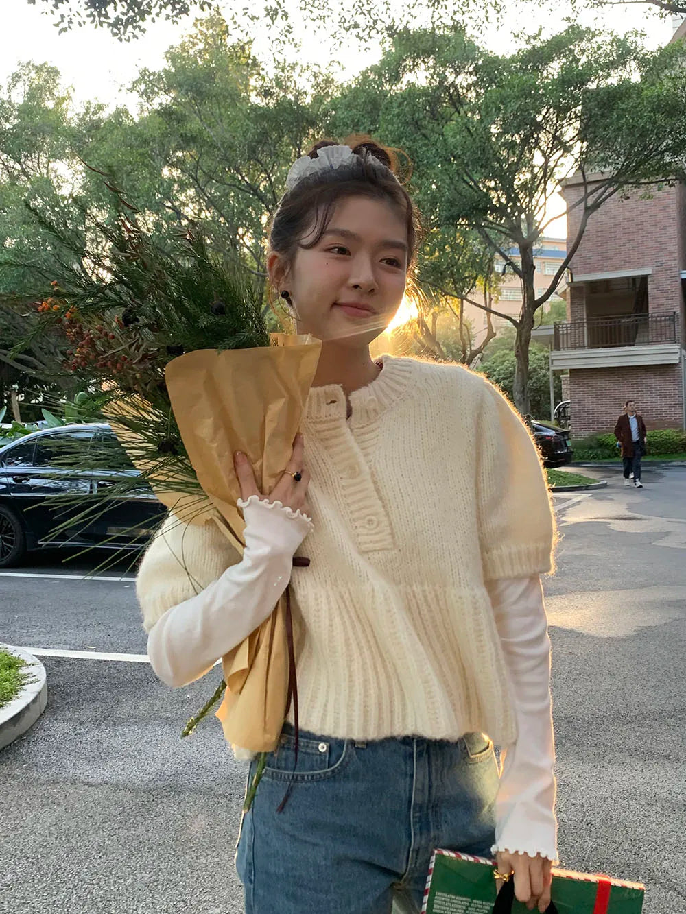 Cyflymder  Chic Autumn New Sle Retro Splicing Lace Trim Soft Bubble Sve Knitted Sweater Women's Faionable Commute Loose Fit