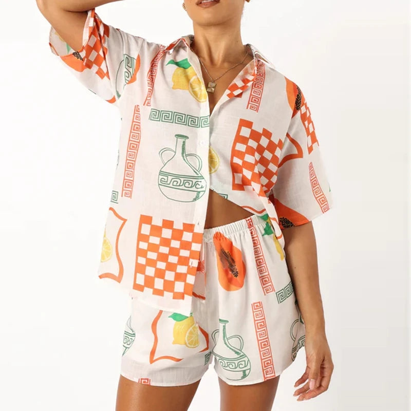 Cyflymder  Boho Beach Style 2 Piece Outfits Fashion Printed Short Sleeve Button Up Blouse Tops + Shorts Set Women Lounge Matching Beachwear