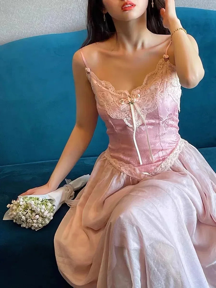 Cyflymder  Retro French Style Pink Dress For Slim Lady Summer Jacquard Lace Spaghttti Strap Sexy Long Dresses Party Night Robe Rose Vestido