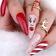Cyflymder  Christmas Press on Nails Red Stripe Deer Snow Pattern Fake Nails for Women Wearable Winter Long Coffin/Almond False Nails