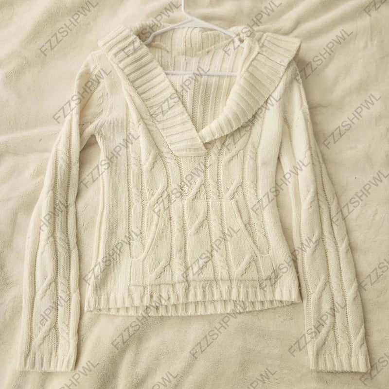 Cyflymder  Women Shawl Collar Cable Knit Sweater Cream V Neck Slim Fit Long Sleeve Soft Knitted Pullover Casual Fall Jumper
